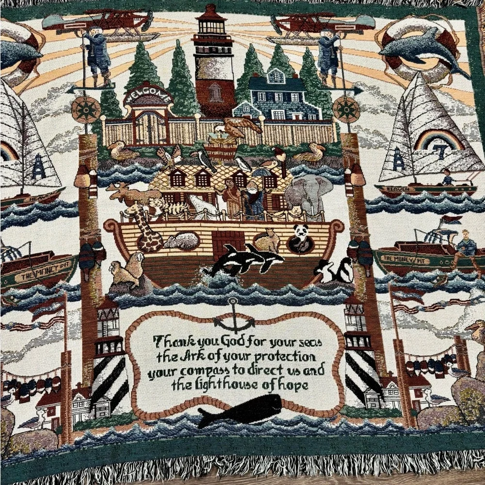 Vintage Noah’s Ark Woven Tapestry Throw Blanket with Fringe
